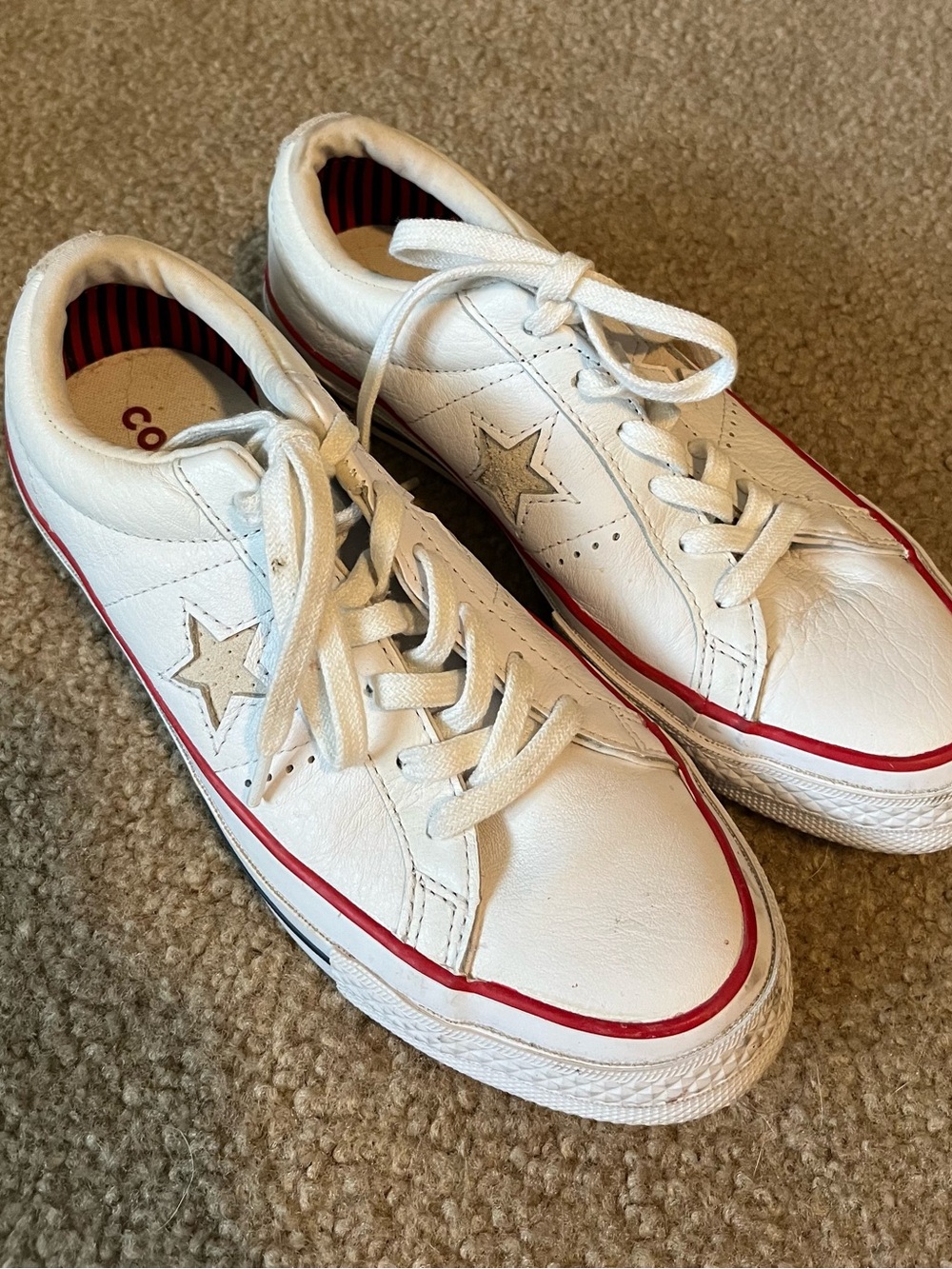 Converse Women’s White Leather Low-Top Sneakers with Red Trim and Star Detail